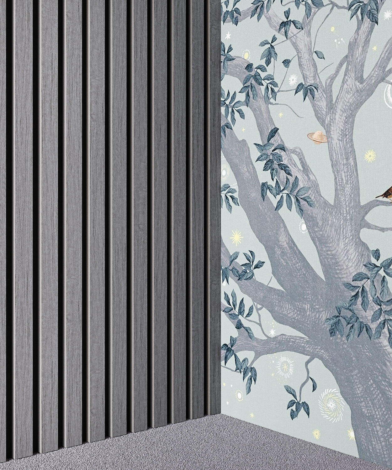 МДФ стеновая панель акустическая Cosca Decor Монако Дуб Ардженто Светло-серый черный войлок 1200×600×21 фото в интерьере